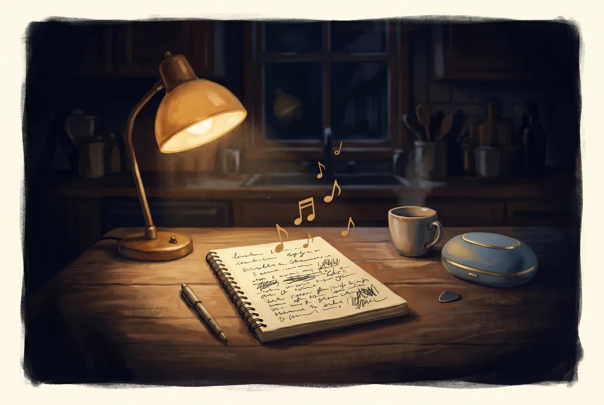 Open notebook of handwritten lyrics under a warm desk lamp with glowing musical notes rising from the page