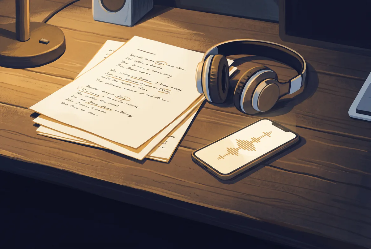 Stack of handwritten lyric sheets beside studio headphones and a phone showing a gold audio waveform on a wooden desk