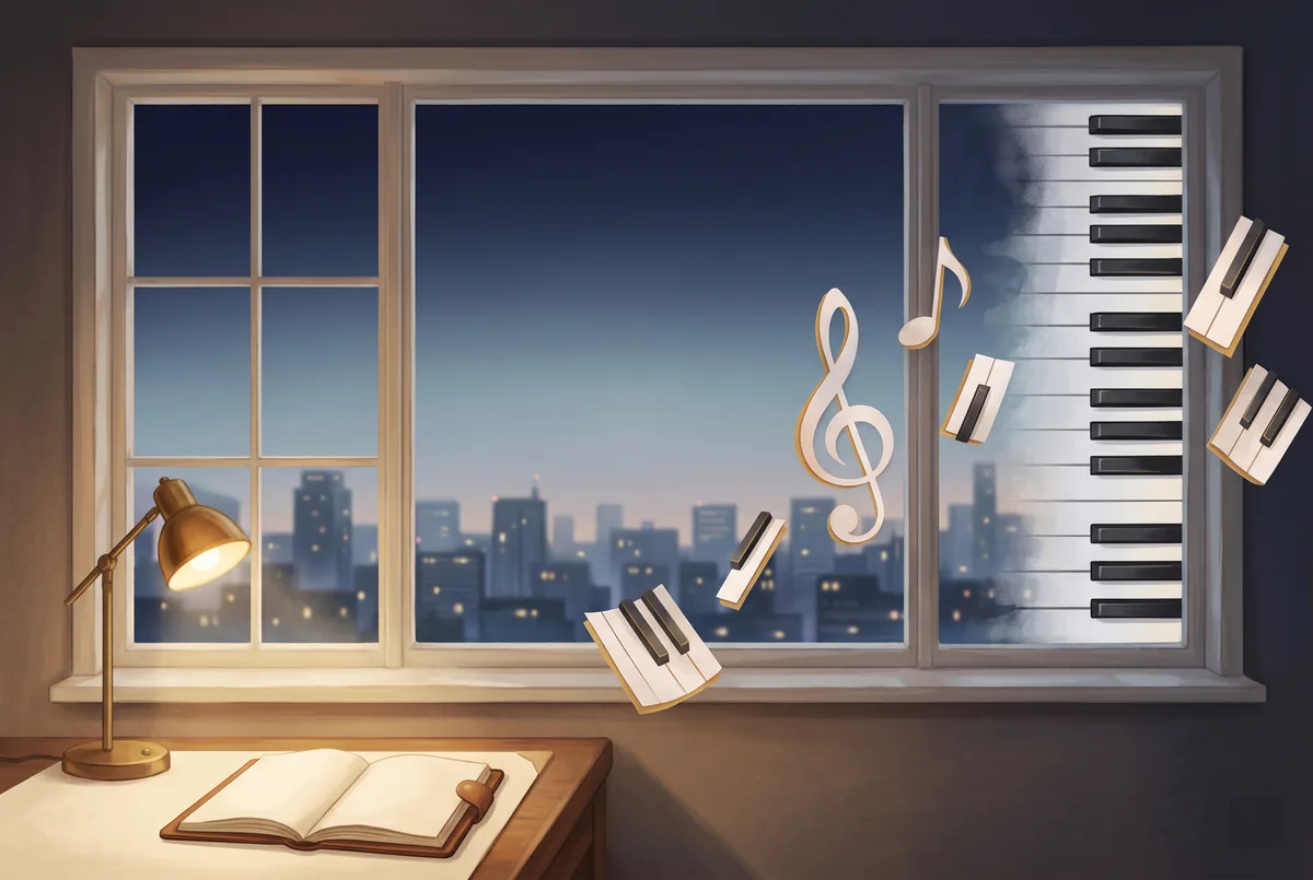 Twilight city skyline through a window with floating piano keys and a glowing treble clef above a lit desk journal
