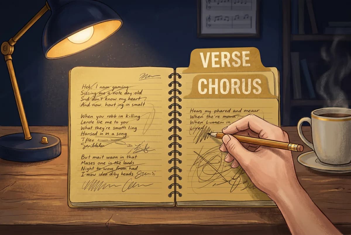 Songwriting notebook with Verse and Chorus divider tabs, marked-up lyric lines, and a hand holding a pencil over the page