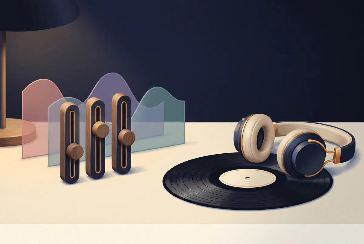 Vinyl record beside navy headphones, vertical mix-style sliders, and pastel glass waveform panels in warm lamplight