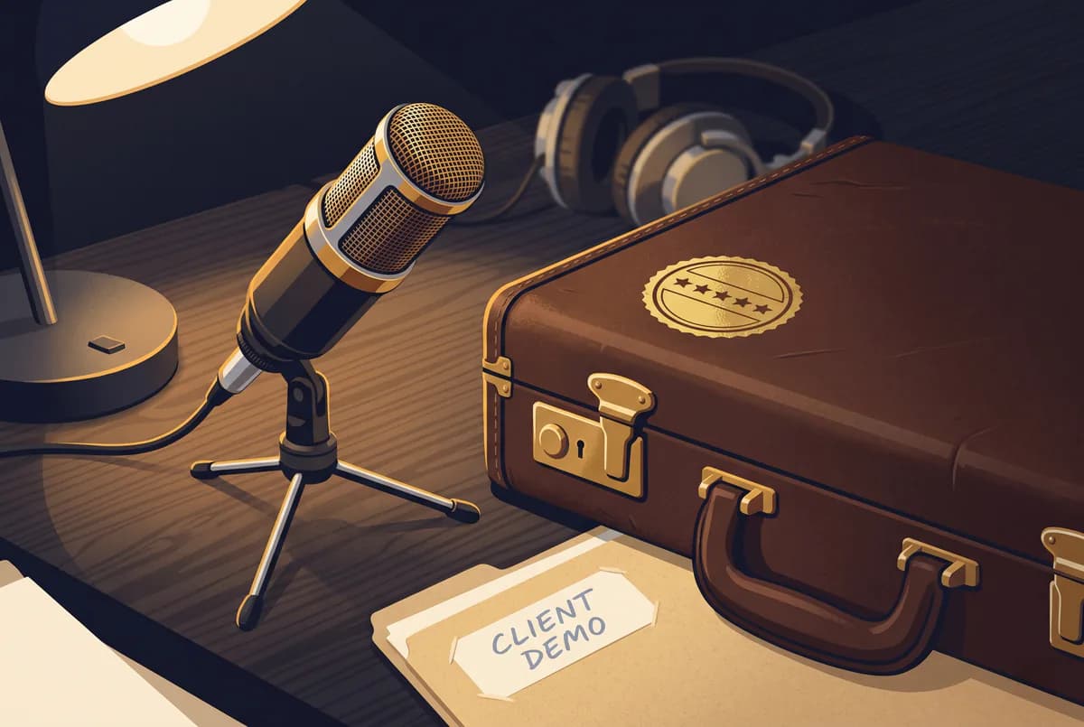 Studio condenser microphone next to a leather briefcase, five-star seal, and a folder labeled Client Demo on a wood desk
