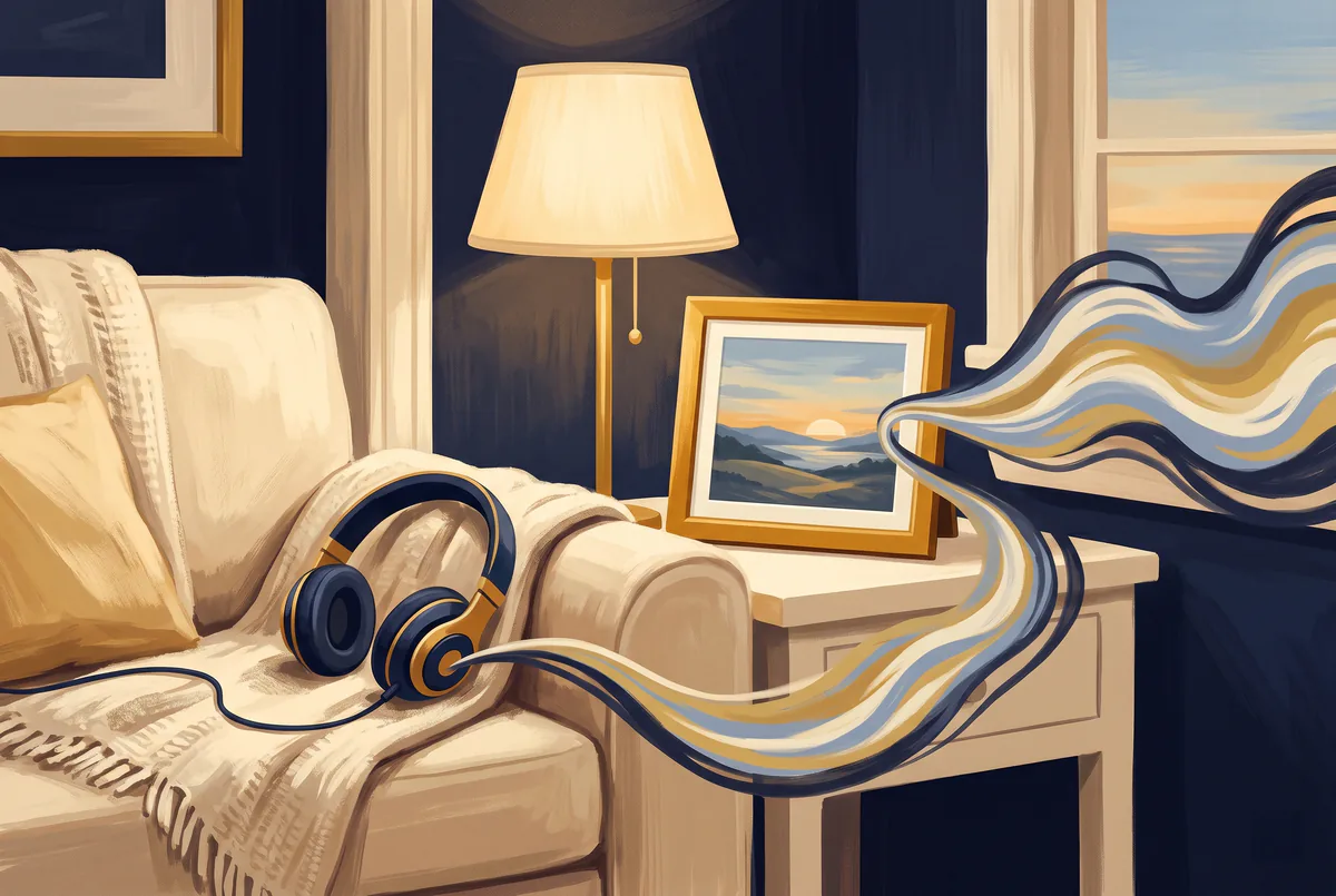 Cozy armchair with over-ear headphones and ribbon-like sound waves flowing toward a sunset window in a navy-walled room