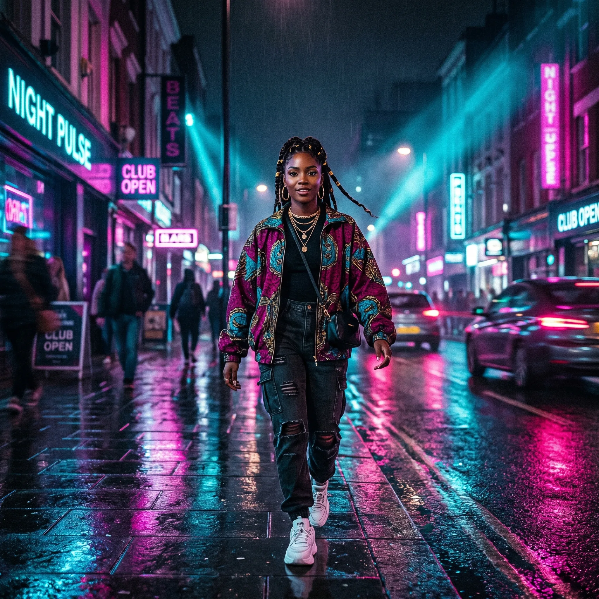 Young woman on a rain-wet neon city street at night with teal and magenta reflections on the pavement