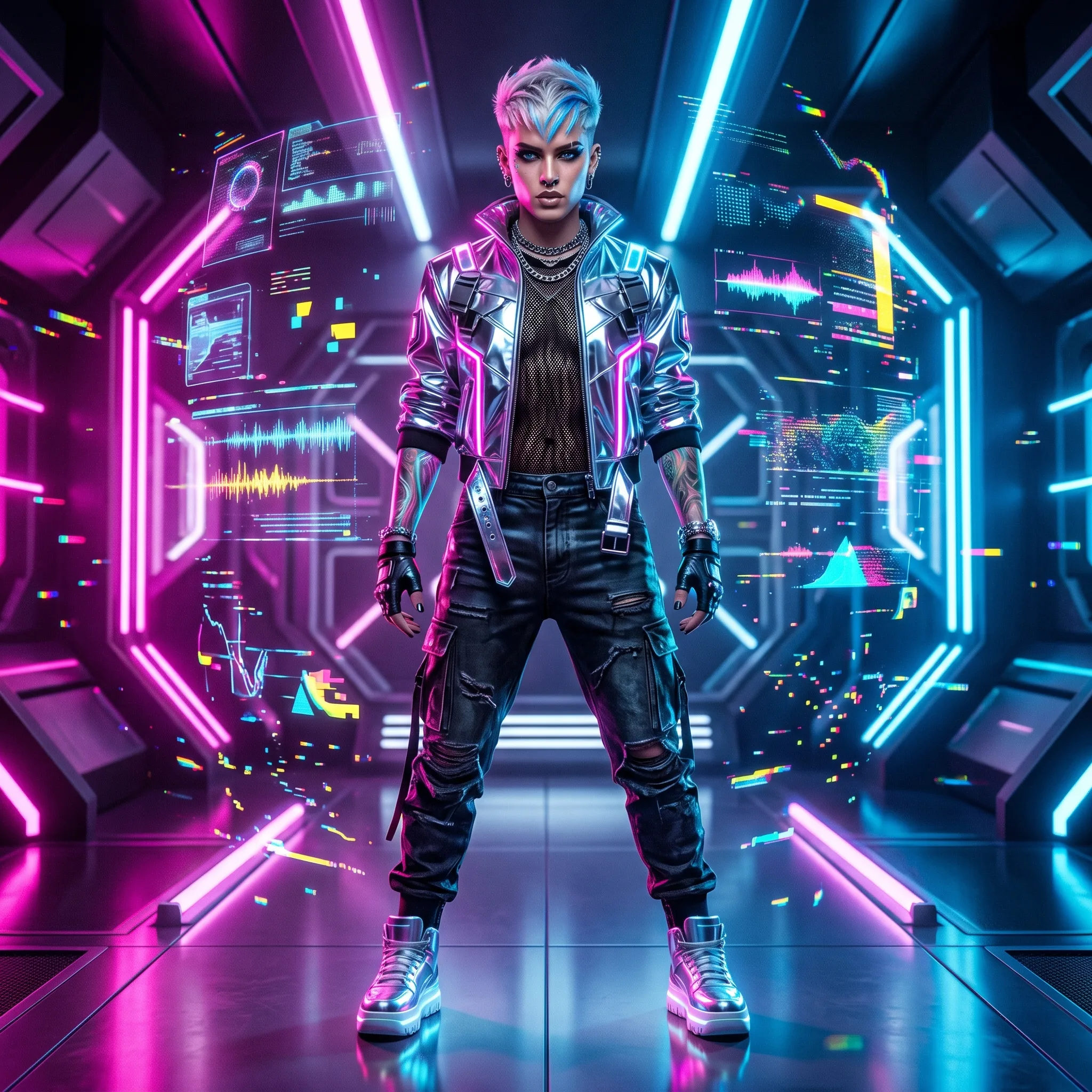 Futuristic neon corridor with floating holographic audio waveforms and reflective floor panels