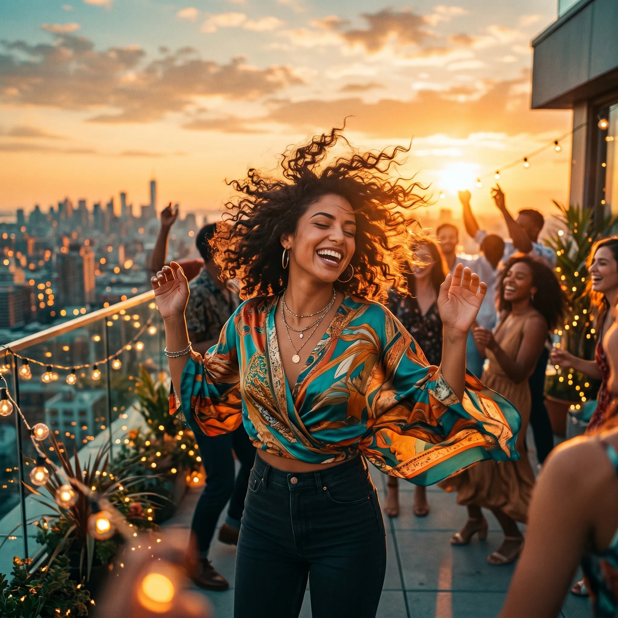 Golden-hour rooftop dance celebration with warm string lights and a city skyline in soft sunset light