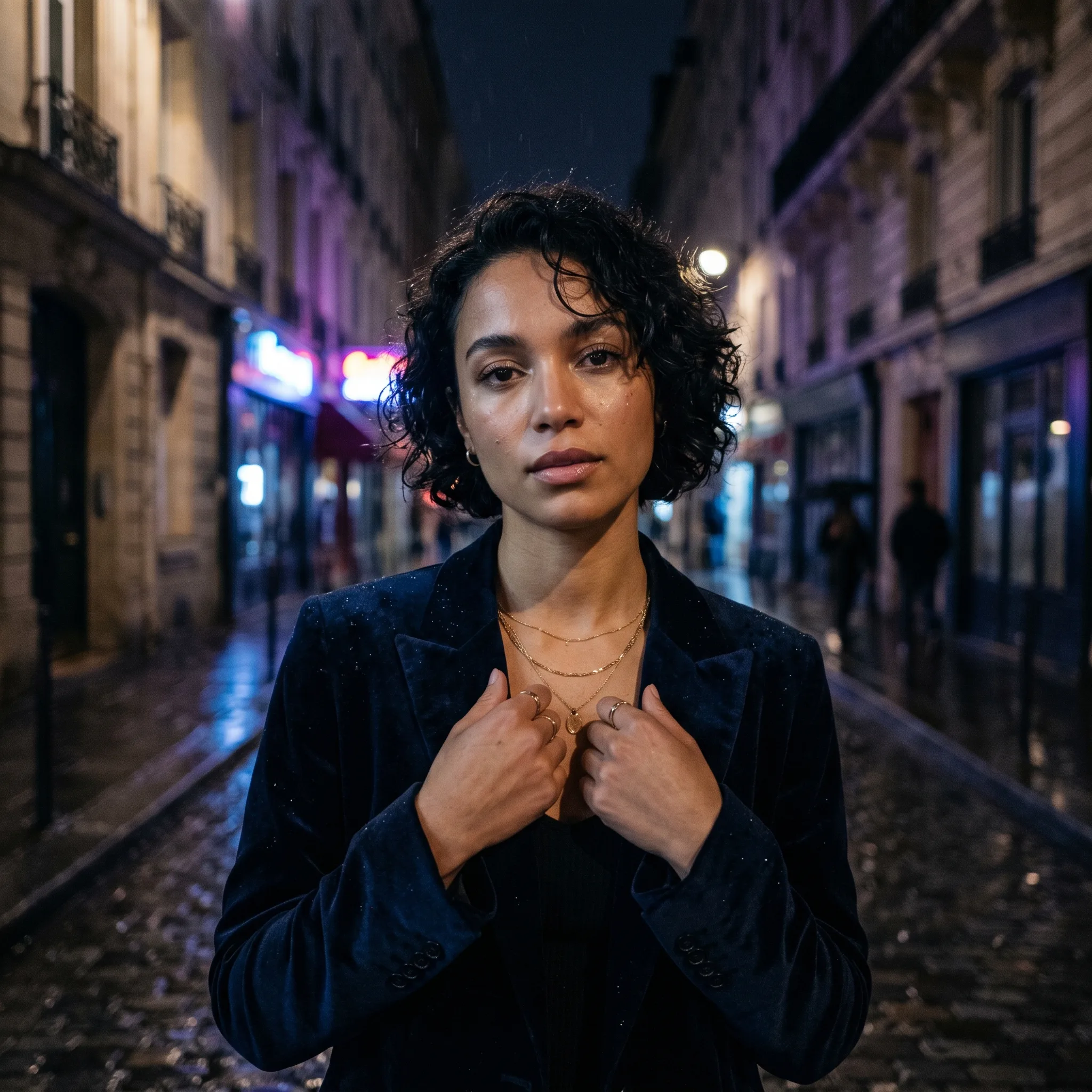 Portrait on a moody European cobblestone street at night with distant neon glow and cinematic low-key lighting