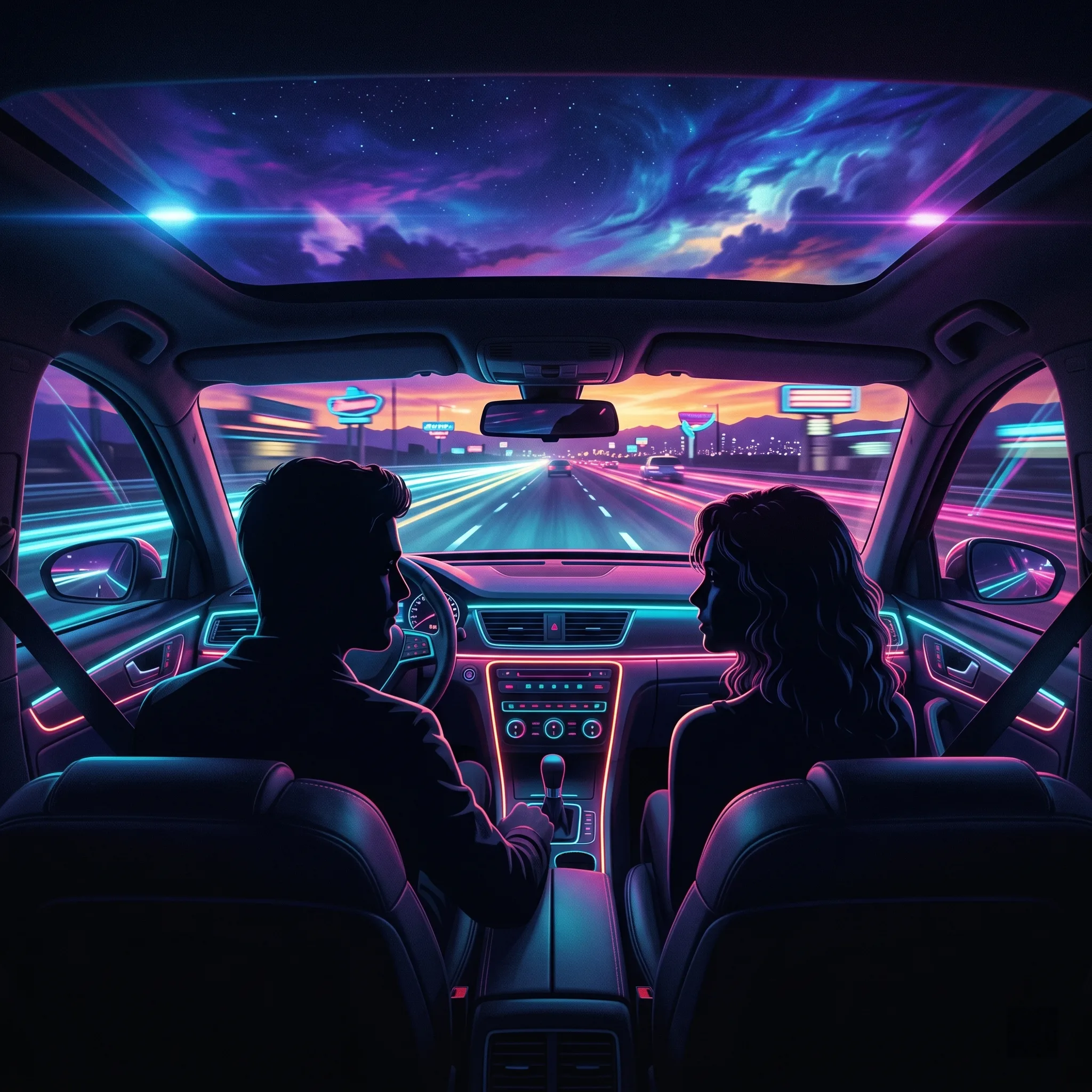 Neon-lit car interior at night with two silhouettes and streaking highway lights through the windshield
