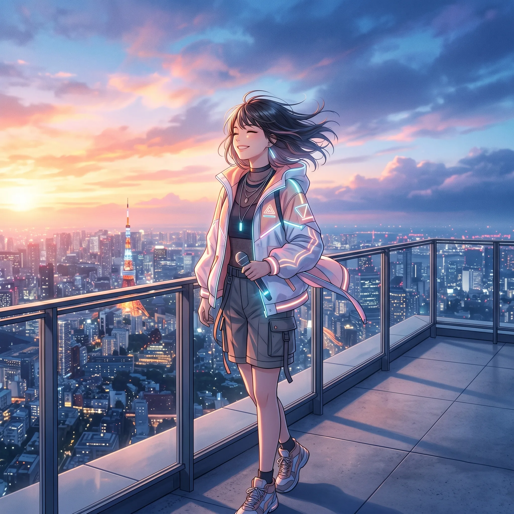 Anime-style singer on a rooftop at twilight above a Tokyo-inspired skyline with a tower landmark, bright melodic J-pop mood