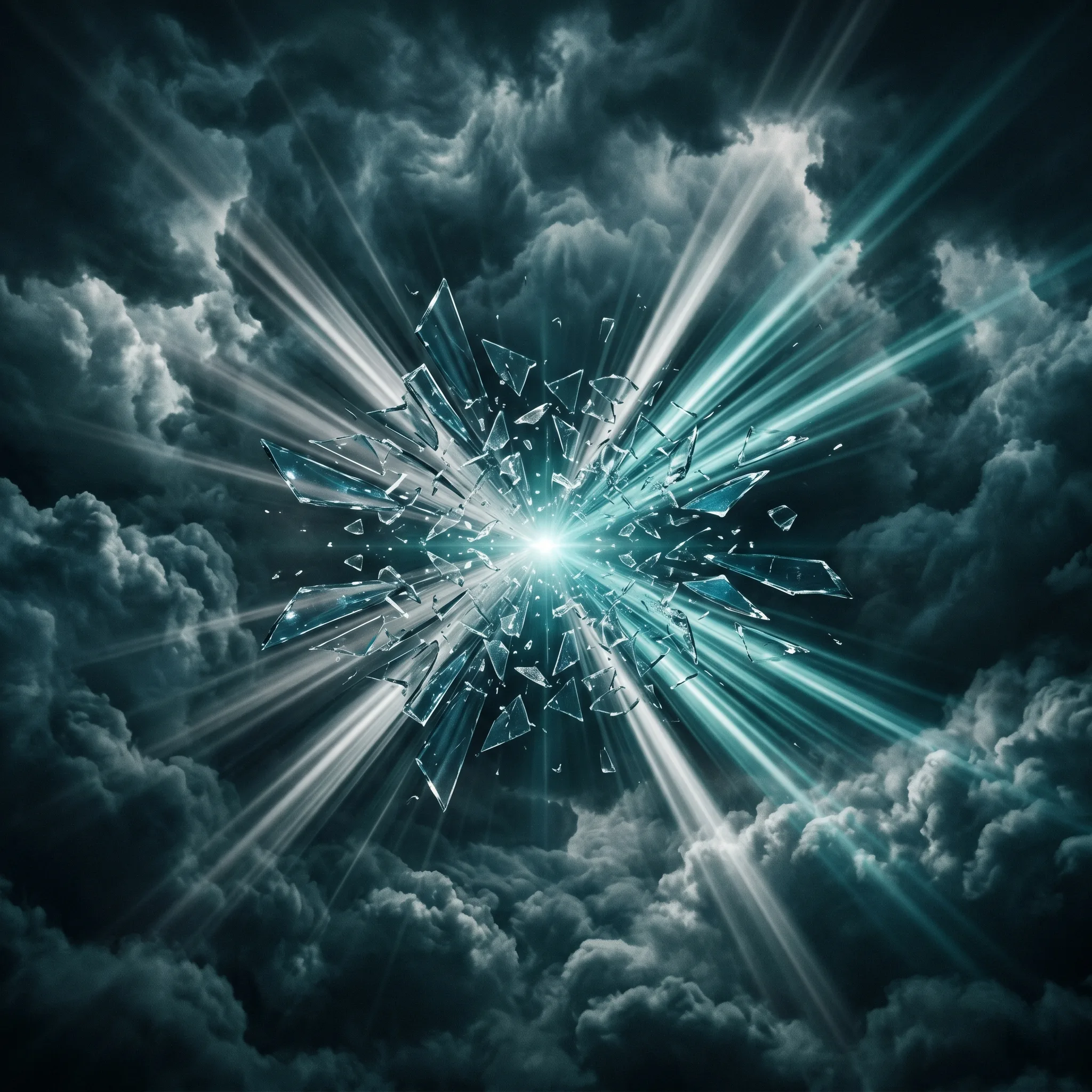 Explosive burst of cyan-white light through outward-flying glass shards against stormy clouds, cinematic trailer impact mood