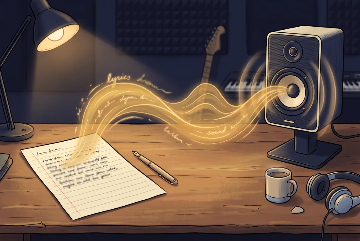 Lyrics to Song — Start with lyrics, a hook, or a rough draft and move into a lyrics-first song workflow built around melody, vocals, sections, and production.
